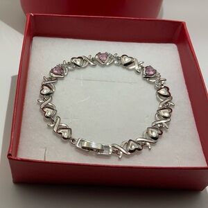 Elegant Silver and Pink Heart Tennis Bracelet